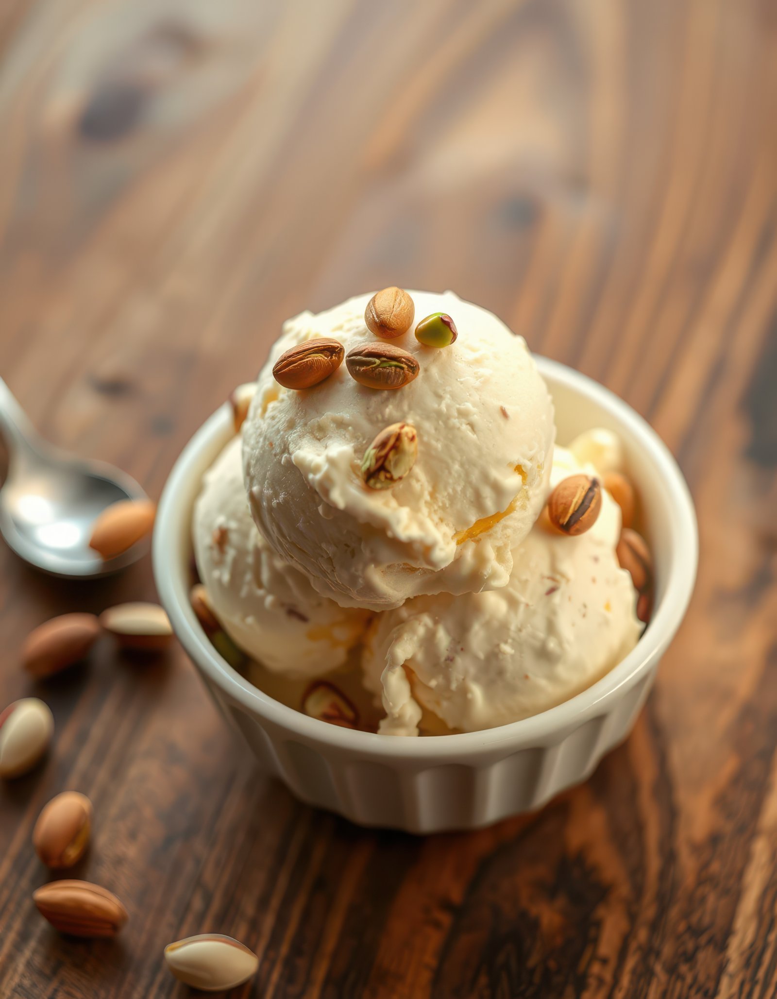 Delicious bowl of creamy pistachio ice cream served with toasted nuts on a wooden table